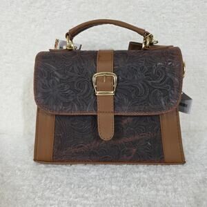 Mexican Floral Embossed Chocolate Brown Genuine Leather Top-Handle Bag